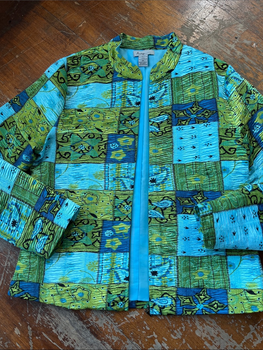 Patchwork Aqua & Green Open-Front Blazer by Analogy
